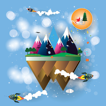 Fantasy with Rocket Drag Santa Cross through town, sending gifts on Christmas day.のイラスト素材