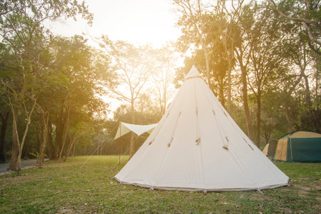 Camping tents on the lawn surrounded by trees and mountains. Concept, camping, travel, leisure and...