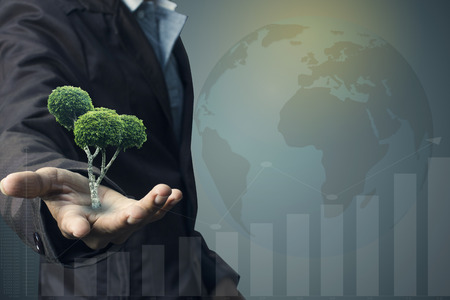 Idea Concept green planet. Businessman holding gift box and green trees growing.の写真素材