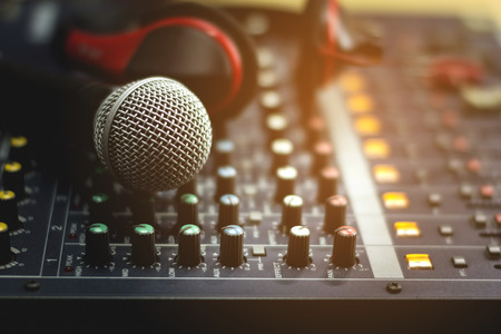 Microphones and audio mixers at the recording studio.Selective focus .の写真素材