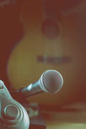 Microphone on stand with audio recording device.の写真素材