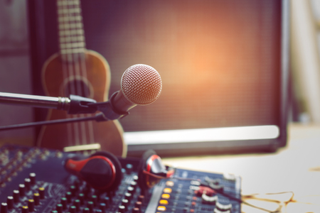 Microphones and audio mixers at the recording studio.の写真素材