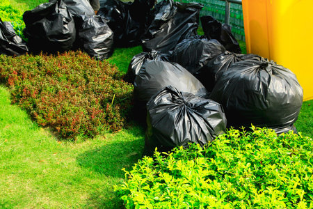 The black plastic bag is filled with garbage on the lawn.