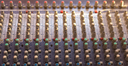 Audio mixer knobs and audio equipment.