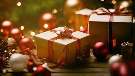 A beautifully wrapped Christmas gift box takes center stage,
Mesmerizing bokeh lights create a warm and magical backdrop.の素材