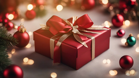 A beautifully wrapped Christmas gift box takes center stage,Mesmerizing bokeh lights create a warm and magical backdrop.の素材