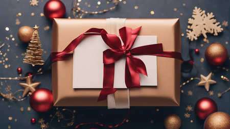 A beautifully wrapped Christmas gift box takes center stage,Mesmerizing bokeh lights create a warm and magical backdrop.の素材