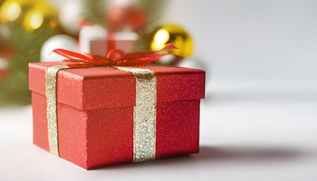 A beautifully wrapped Christmas gift box takes center stage,Mesmerizing bokeh lights create a warm and magical backdrop.の素材