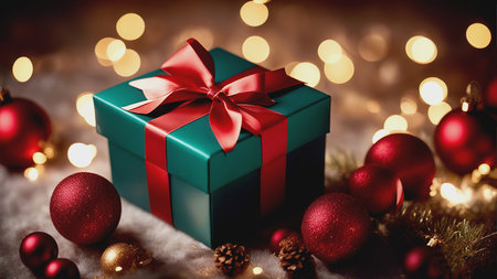 A beautifully wrapped Christmas gift box takes center stage,Mesmerizing bokeh lights create a warm and magical backdrop.の素材