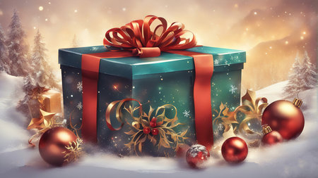 A beautifully wrapped Christmas gift box takes center stage,Mesmerizing bokeh lights create a warm and magical backdrop.の素材