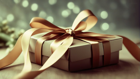 A beautifully wrapped Christmas gift box takes center stage,Mesmerizing bokeh lights create a warm and magical backdrop.の素材