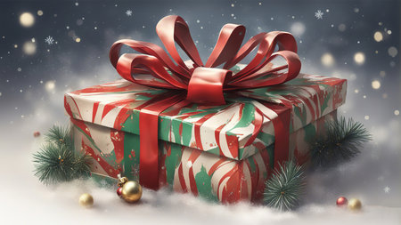 A beautifully wrapped Christmas gift box takes center stage,Mesmerizing bokeh lights create a warm and magical backdrop.の素材