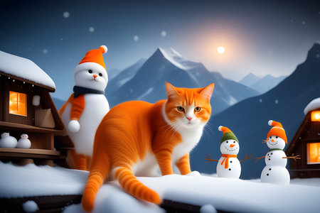 Cute orange tabby cat and snowman on Christmas day. Fantasy cartoon.の素材