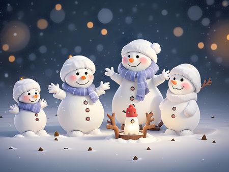 The cuteness of a happy snowman family on Christmas Day is beyond imagination, cartoon fantasy.3D cartoon of a family of snow dolls. Imagination pictures for children.の素材