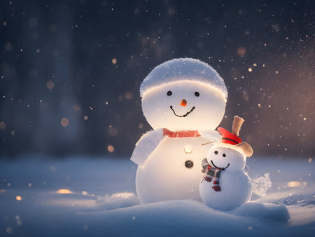 The cuteness of a happy snowman family on Christmas Day is beyond imagination, cartoon fantasy.の素材