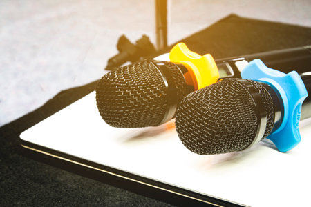Wireless microphone is placed in the control room and records sound.の写真素材
