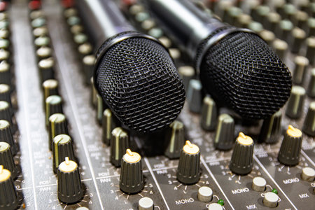 Wireless microphone is placed in the control room and records sound.の写真素材