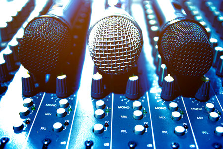 Wireless microphone is placed in the control room and records sound.の写真素材