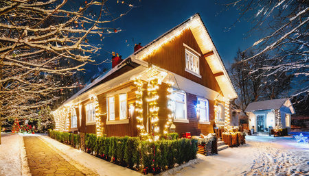 Houses are decorated with bright lights to welcome and celebrate Christmas.の素材