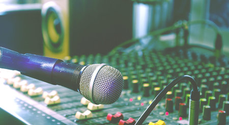 Microphone on stand in professional sound control room.