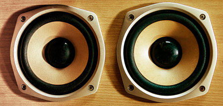 Monitor speakers made of wood in the sound control roomの写真素材