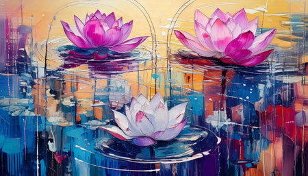 Artistic painting of lotus flowers in a big pondの素材
