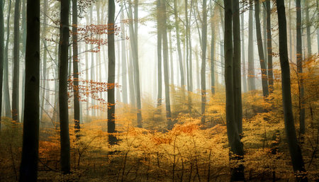 A tranquil forest bathed in golden morning light, this photograph captures the serene beauty of an autumn woodland. Tall trees stretch upward through a soft mist, their leaves glowing in hues of amber and gold. The sunlight filters gently through the fog, creating a dreamlike atmosphere of peace and renewal. Perfect for wall art, nature blogs, wellness spaces, and eco-themed designs.の素材