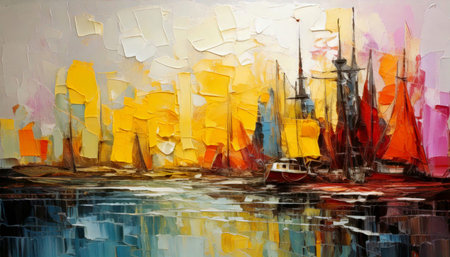 Abstract painting of a city landscape by the river, showing the city and water tourism activities through the roughness of the colors.の素材