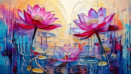 Artistic painting of lotus flowers in a big pondの素材