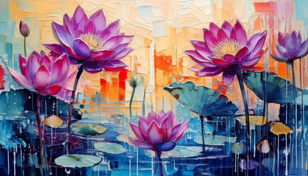 Artistic painting of lotus flowers in a big pondの素材