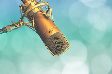 Condenser microphone with bokeh backgroundの写真素材