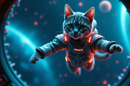 Fantasy with a cat and a space suit in zero gravityの素材