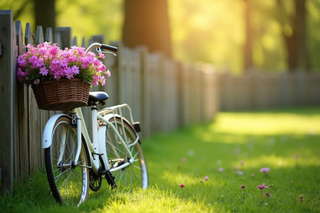 A vintage bicycle leaning against a wooden fence in a park.の素材