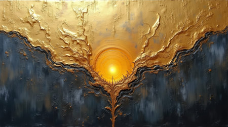 Morning sun, grey and gold painting on the cement wallの素材