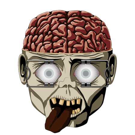 Zombie open the skull, the brain is visible, eyes wide and expandersのイラスト素材