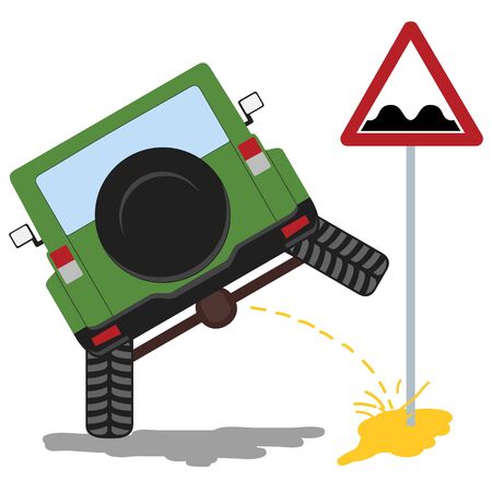 Color humor illustration - offroad car pissing on the sign rough road.のイラスト素材