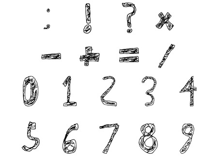 Hand Drawn Child Numbers and Basic Math Signs Filled Bold, Vector Illustrationのイラスト素材