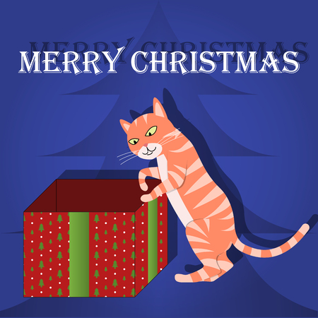 Merry Christmas greeting card with cat in box, vector illustrationのイラスト素材