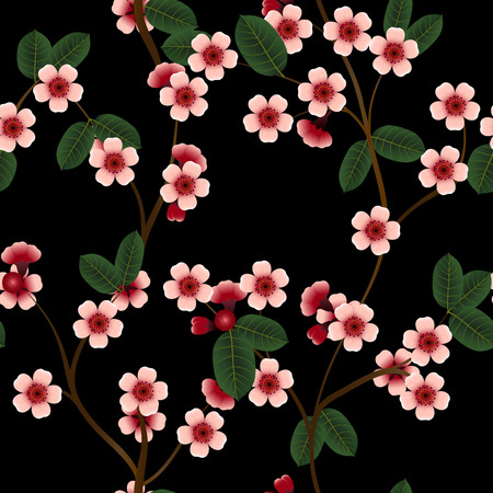 Seamless floral pattern with pink cherry sakura flowers and leafのイラスト素材