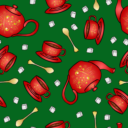 Seamless pattern pottery teapot and cup hand drawing. Vector illustrationのイラスト素材