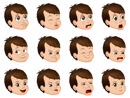 Big set of cute little boy faces showing different emotions vector illustrationのイラスト素材