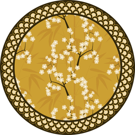Japanese vector round pattern with bamboo, sakura and traditional ornaments illustrationのイラスト素材