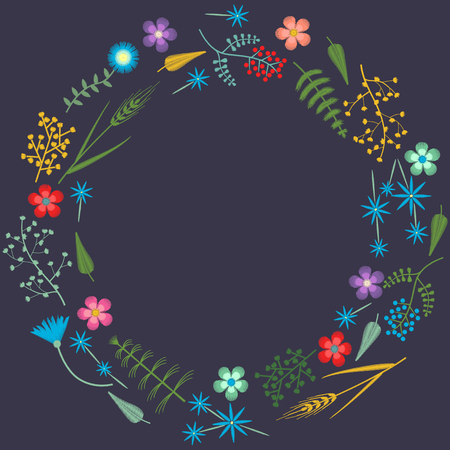 Vector Embroidery frame pattern with Forest plants and Field wildflowers.のイラスト素材