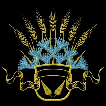 Vector illustration Embroidery Coat of arms with Wheat and blue Cornflowers.のイラスト素材