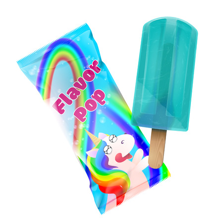 Flavor pop ice cream with packaging design. Plastic foil pack blue template for branding and design. Vector illustrationのイラスト素材