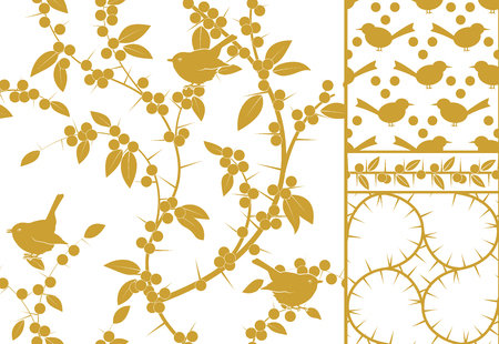Sloe and birds, a set of three golden seamless patterns and border. Auxiliary elements with spines blackthorn and abstract birds. Vector stock illustration.のイラスト素材