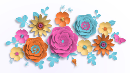 Vector paper art, summer flowers on a white background with leaves cut of paper. Stock image illustrationのイラスト素材