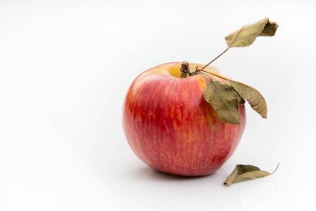 Braeburn Apple with stem and leaves.の写真素材