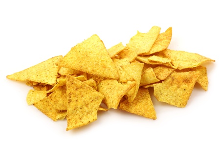 crispy nacho chips on a white background の写真素材