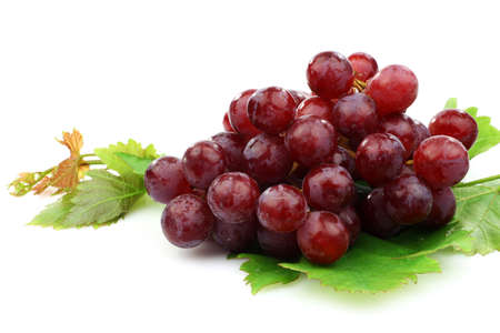 bunch of red grapes and some leaves on a white background の写真素材